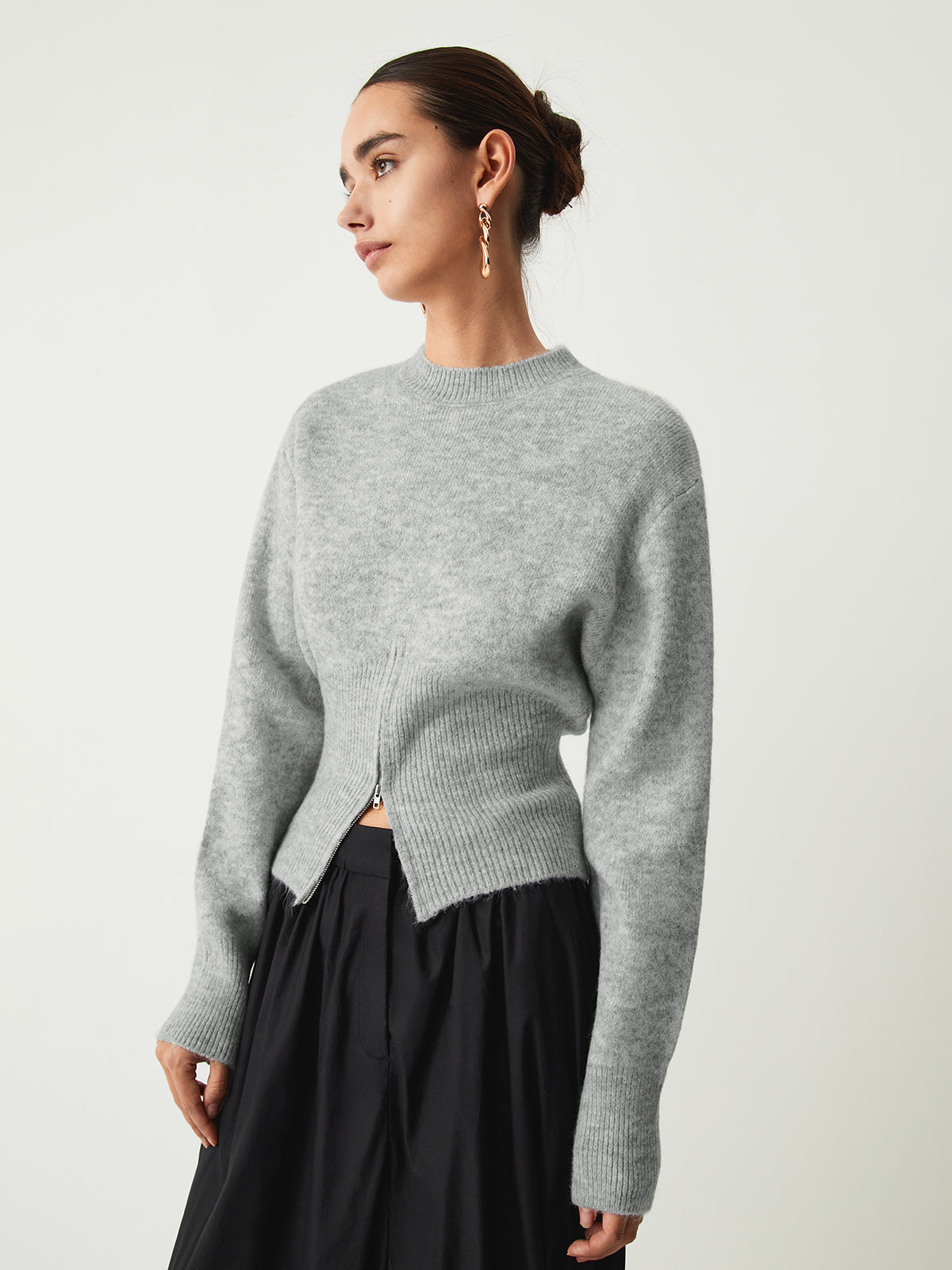 Women's Grey Half Zip Knit Jumper – Fitted Waist Ribbed Hem