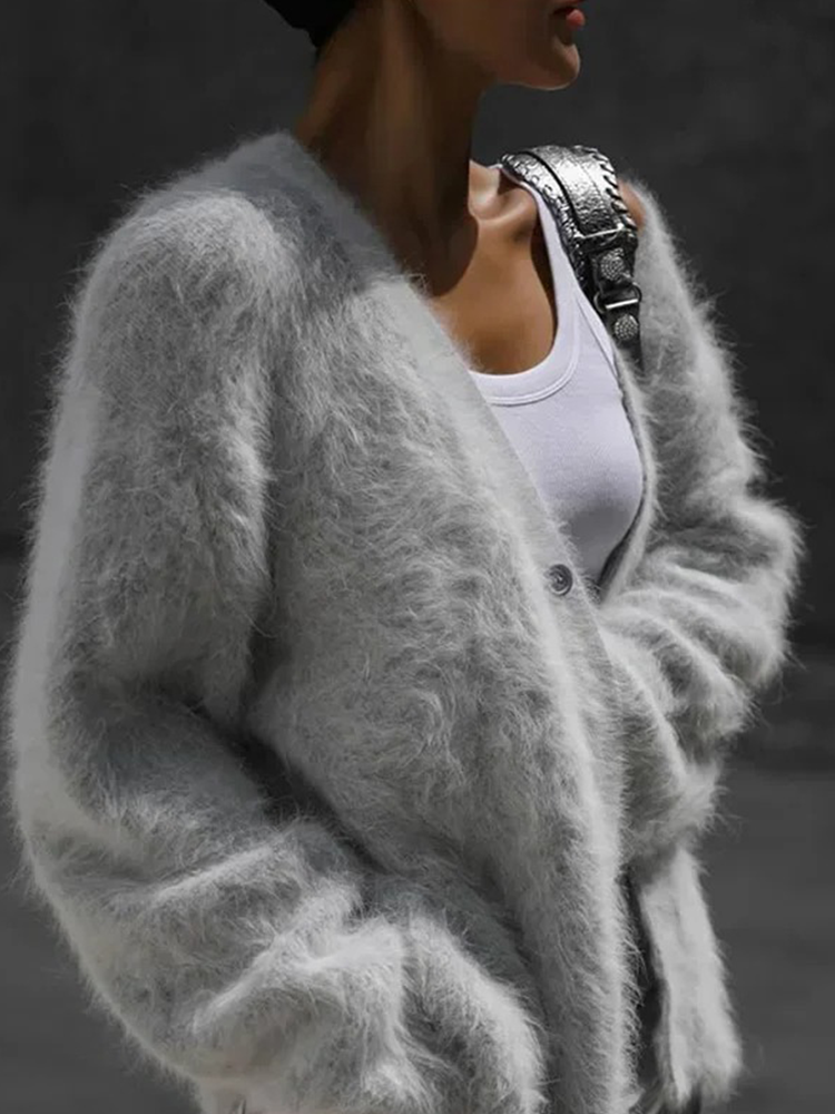 Women's Fluffy Knit Cardigan with Button Front