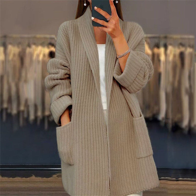 Women's Ribbed Knit Cardigan – Longline Open Front Pockets