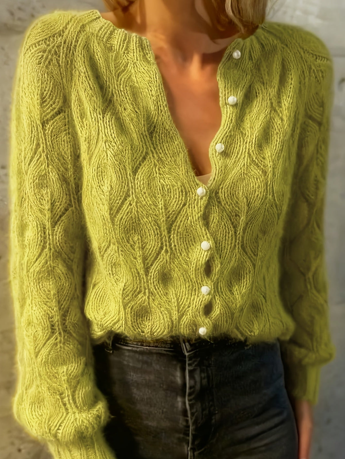 Women's Faux Mink Knit Cardigan – Pearl Button V-Front