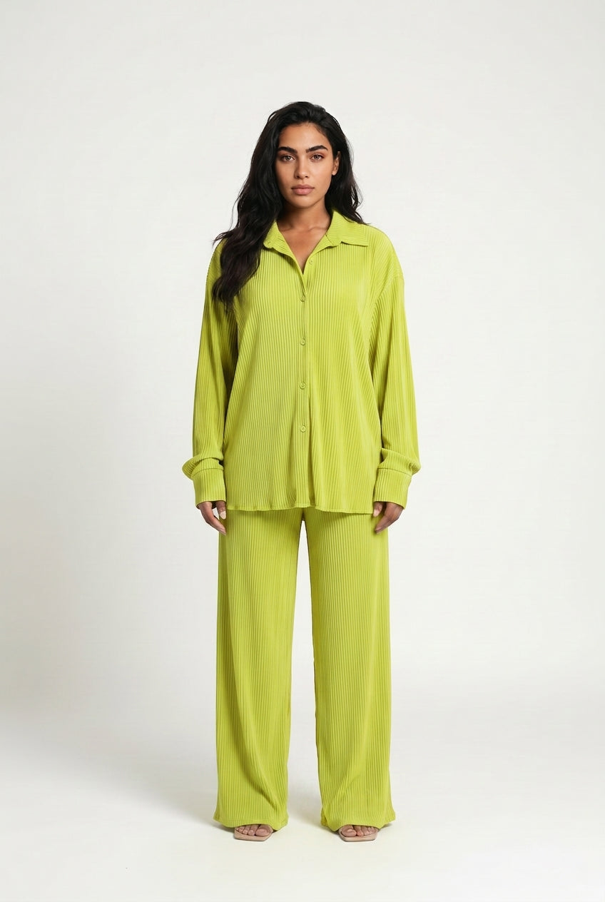 Women's Plisse Co-ord Set – Oversized Shirt & Wide Leg Trousers