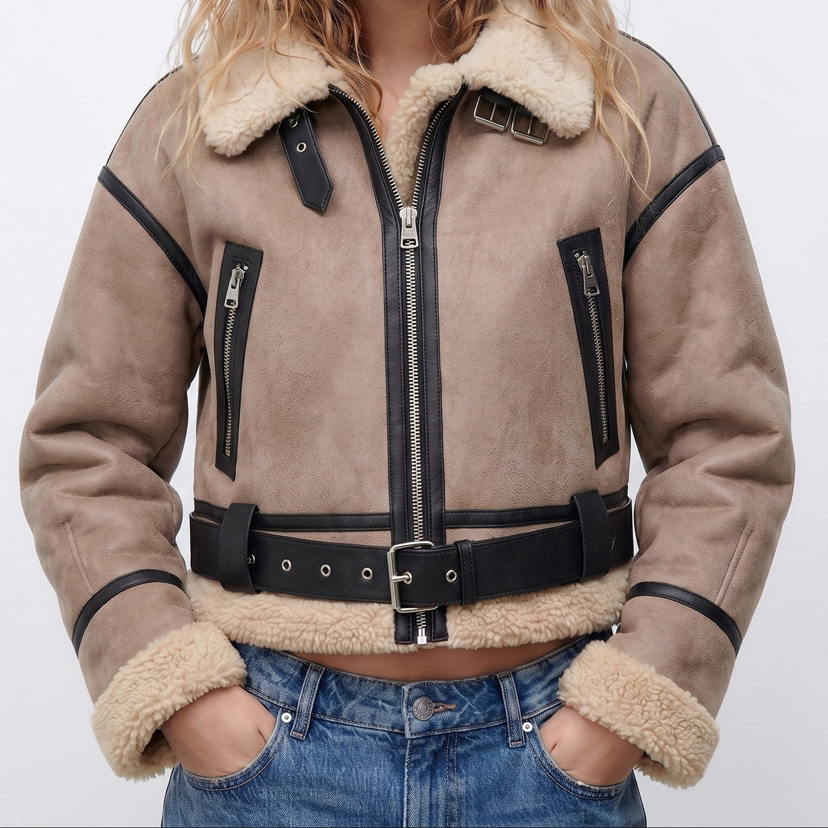 Women's Shearling Trim Cropped Bomber Jacket – Belted Aviator