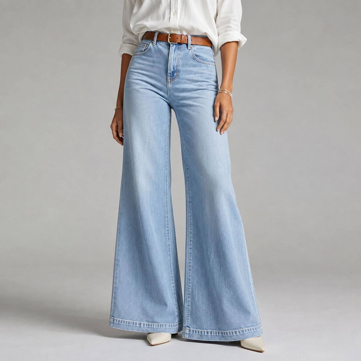 Women's Wide Leg Flared High Waist Jeans, Stretch Denim