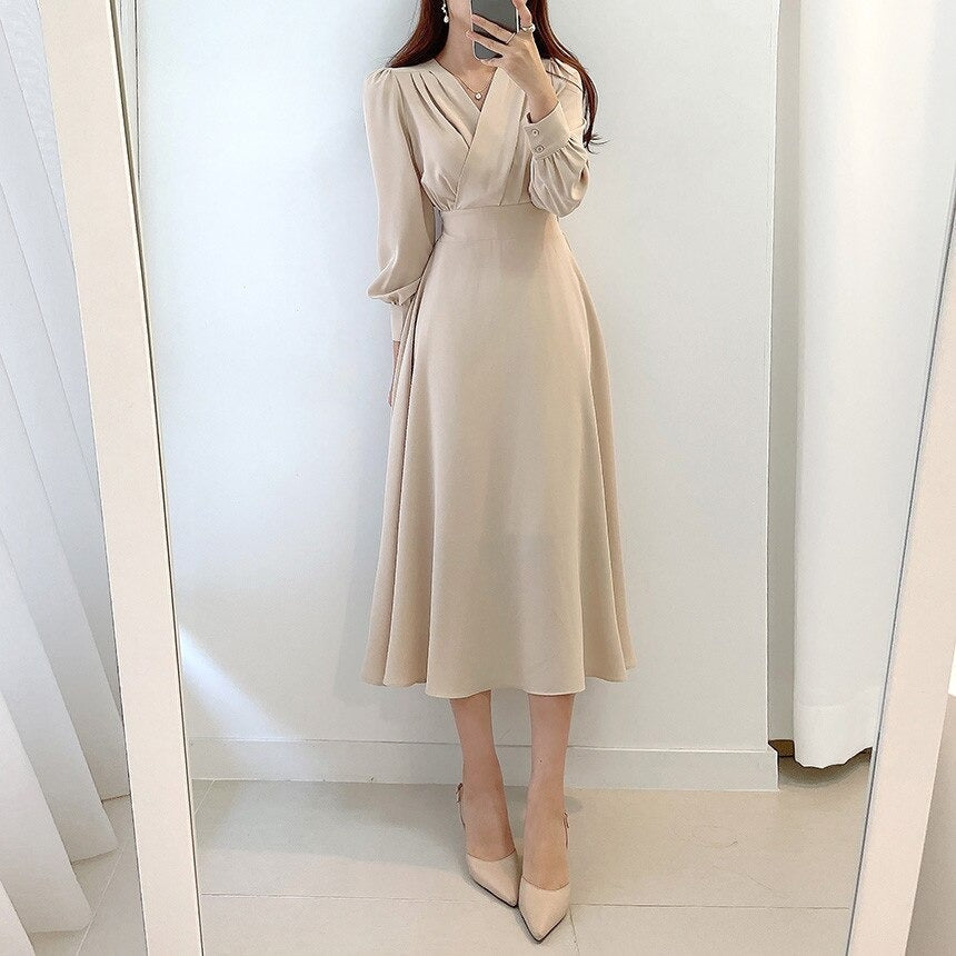 Women's V-Neck Puff Sleeve A-Line Midi Dress