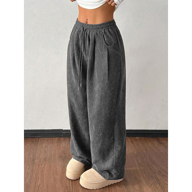 Women's Corduroy Wide Leg Trousers with Drawstring Waist