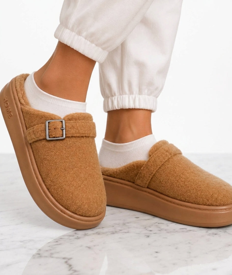 Women's Fleece Lined Buckle Slippers – Platform Sole Comfort Mules