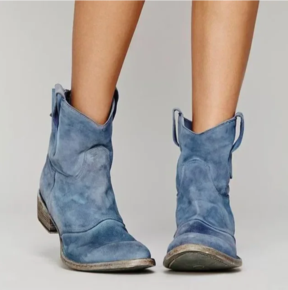 Women's Suede Western Ankle Boots Low Heel – Blue
