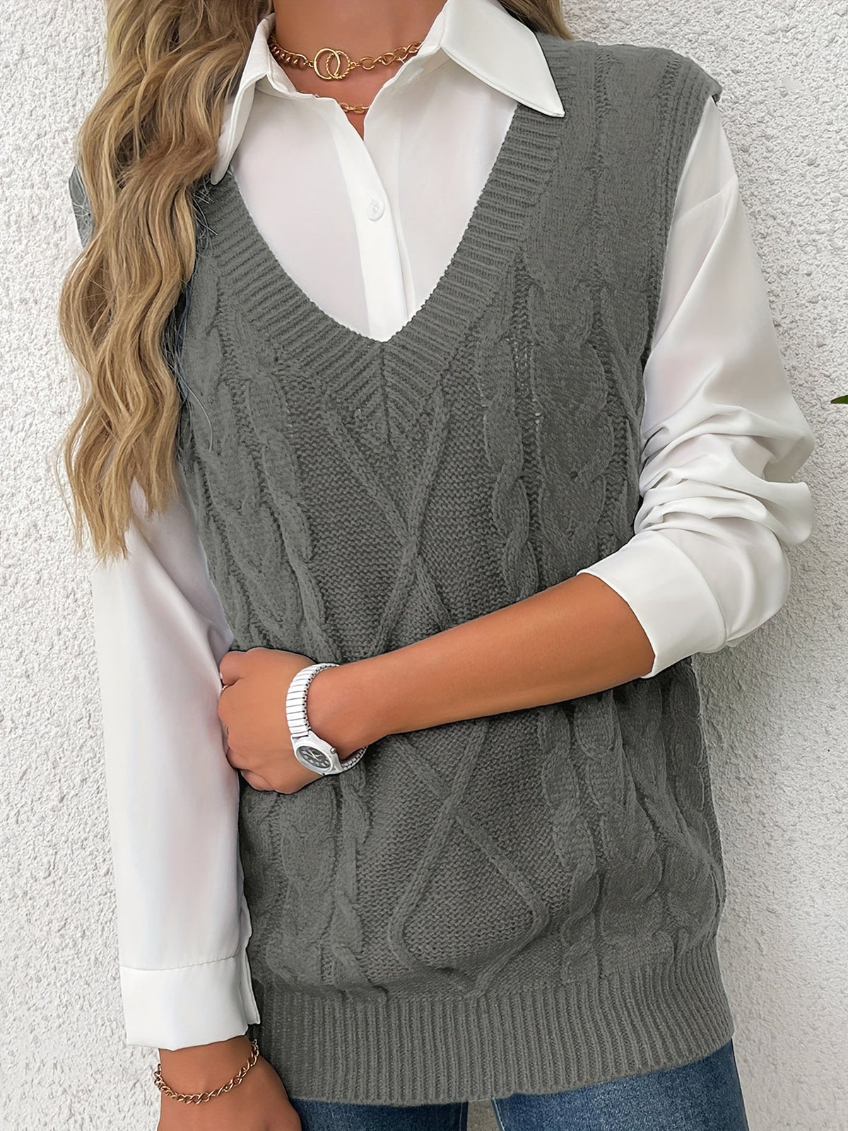 Women's Cable Knit V-Neck Jumper Vest, Preppy Layering Piece