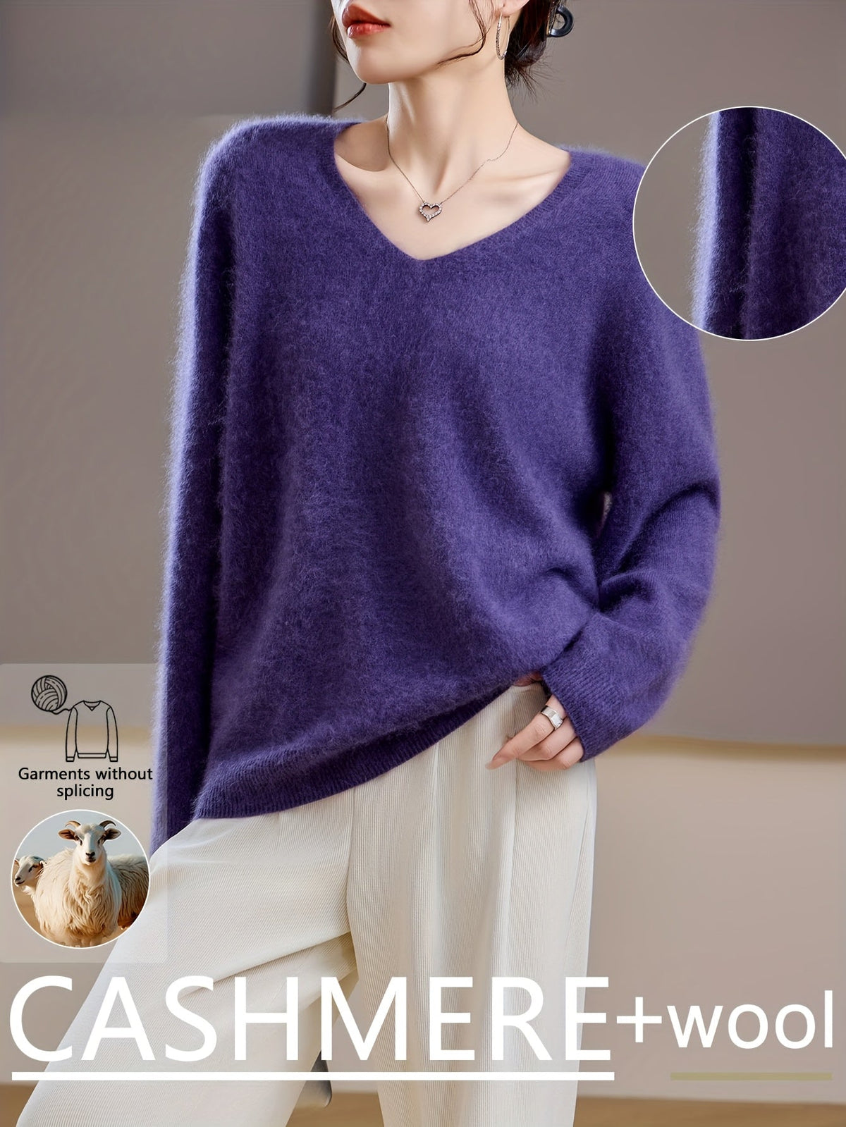 Women's Cashmere-Feel Wool-Blend V-Neck Jumper – Oversized Knit