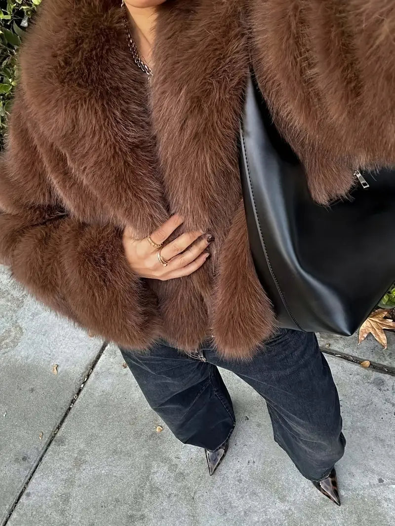 Women's Faux Fur Jacket – Oversized Collar Cropped Coat