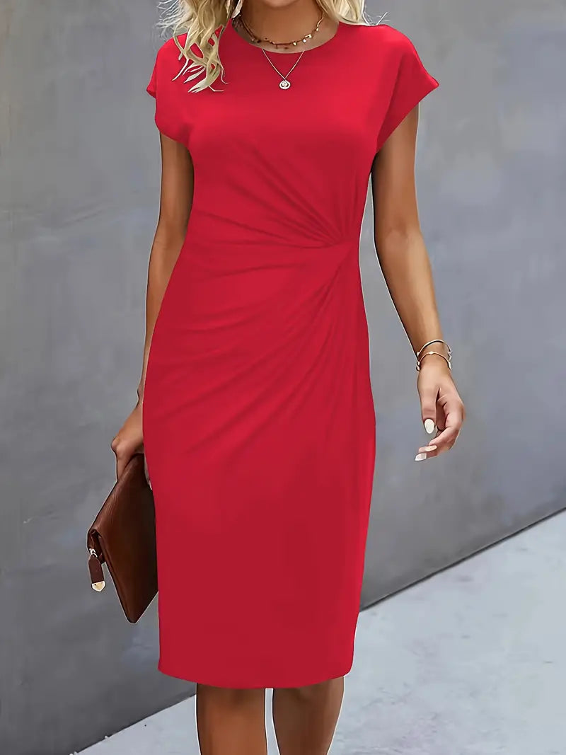 Women's Ruched Midi Dress – Twist-Front Bodycon Dress