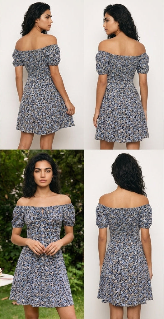 Women's Ditsy Floral Mini Dress – Square Neck Puff Sleeve