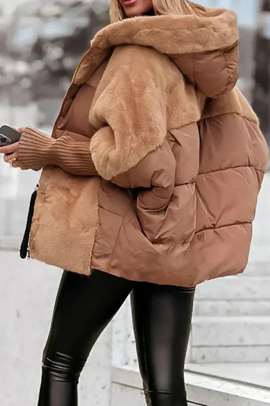 Women's Faux Fur Puffer Jacket – Hooded Oversized Winter Coat