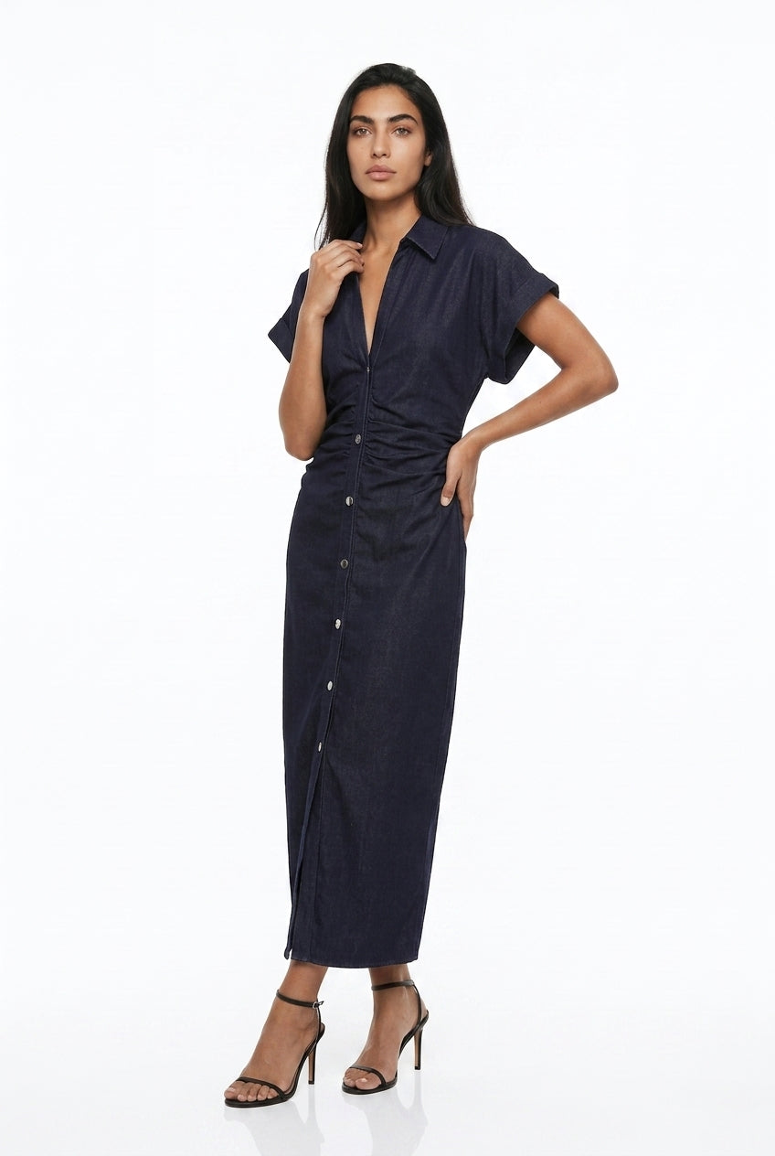Women's Denim Midi Dress – Ruched Waist Button-Through