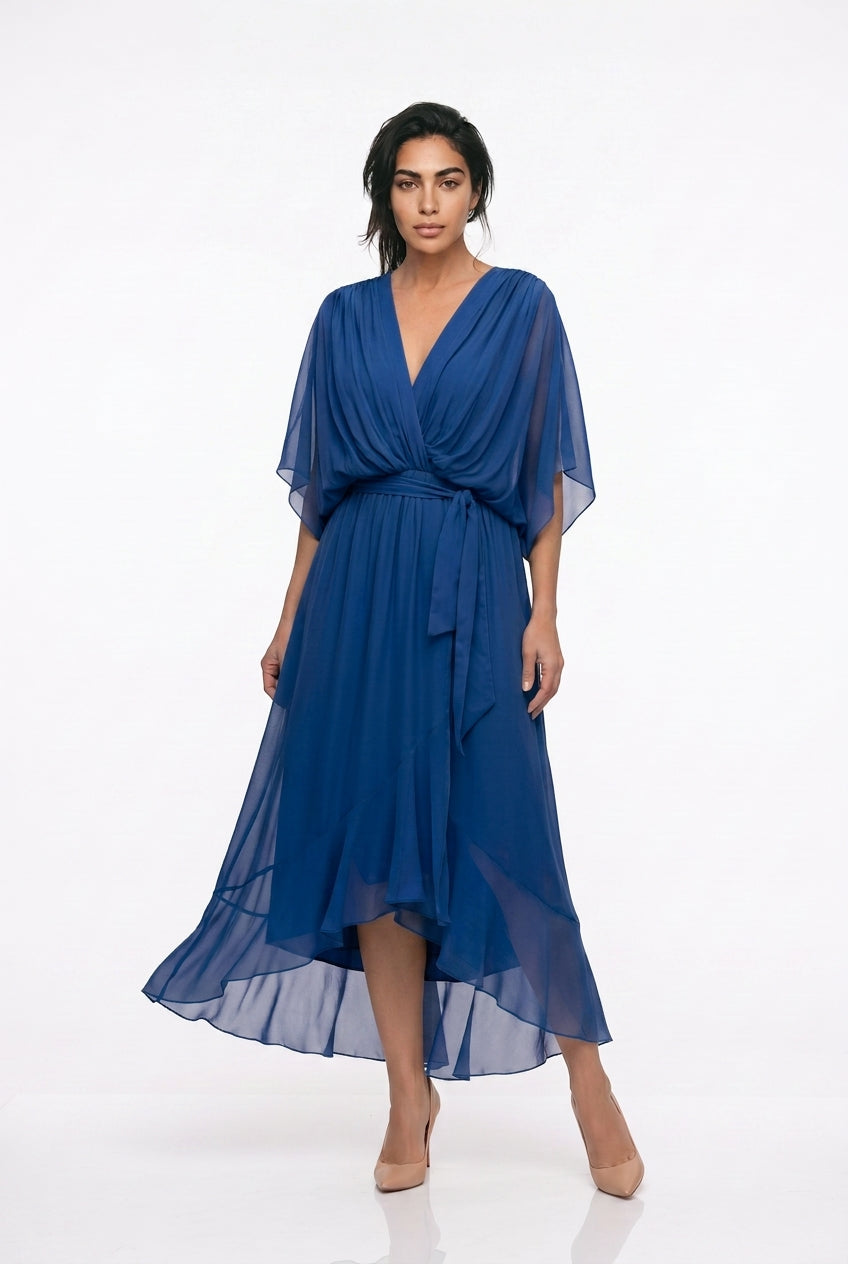 Women's Chiffon Wrap Midi Dress – V-Neck Kimono Sleeve