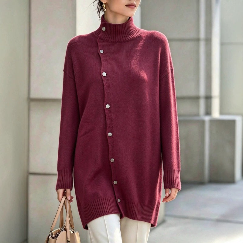 Women's Roll Neck Jumper – Asymmetric Button Front