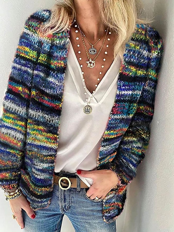 Women's Chunky Stripe Knit Cardigan – Multicolour Open Front