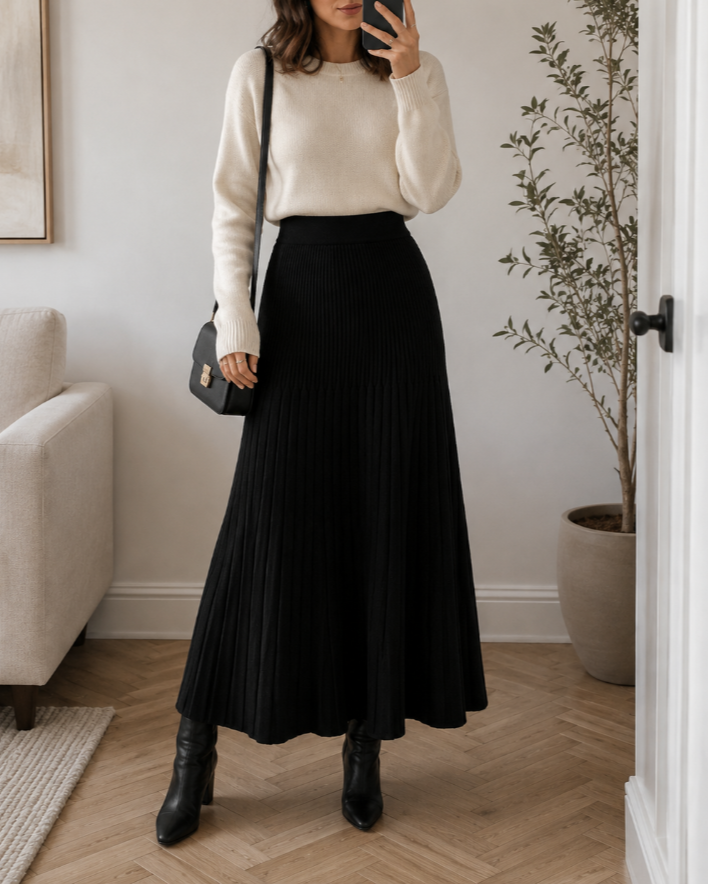 Women's Pleated Knit Maxi Skirt – High Waist Flared A-Line Skirt