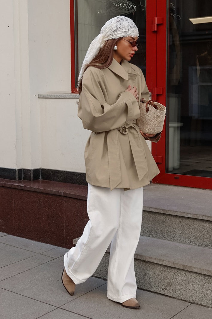 Women's Camel Belted Trench Jacket – Point Collar Short Coat