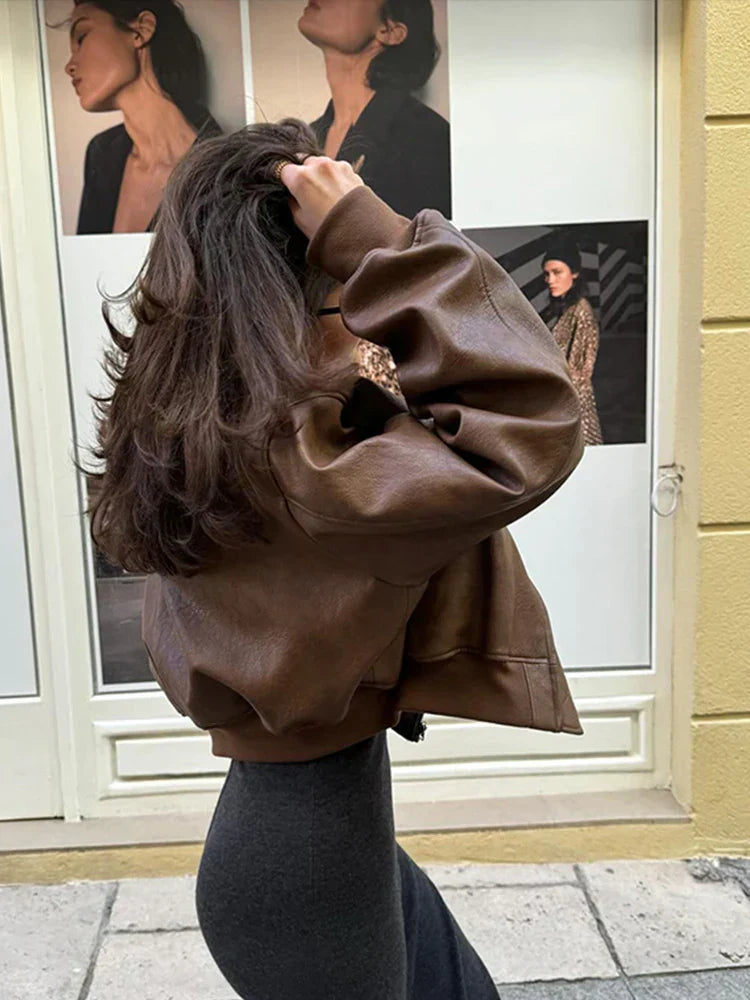 Women's Brown Faux Leather Bomber Jacket – Cropped Vintage Style