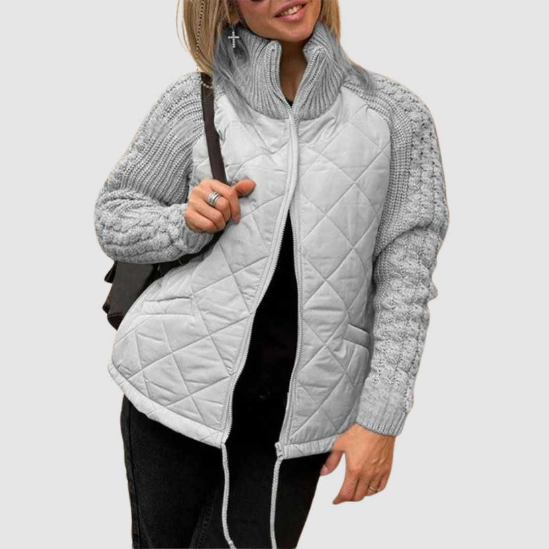 Women's Quilted Patchwork Jacket – Knit Sleeve Puffer Coat