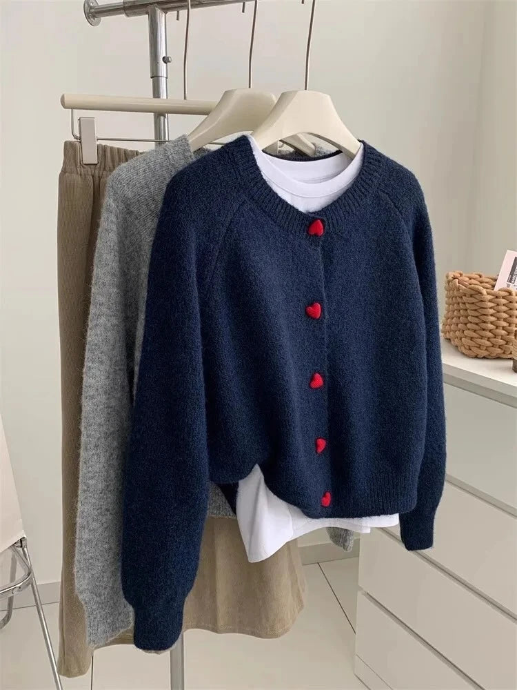 Women's Knit Cardigan – Heart Button Round Neck