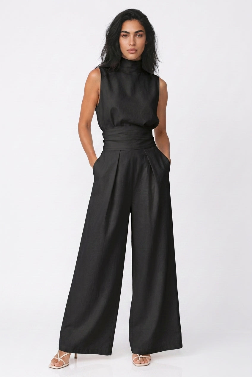 Women's Wide Leg Jumpsuit – Sleeveless High Neck Linen Jumpsuit