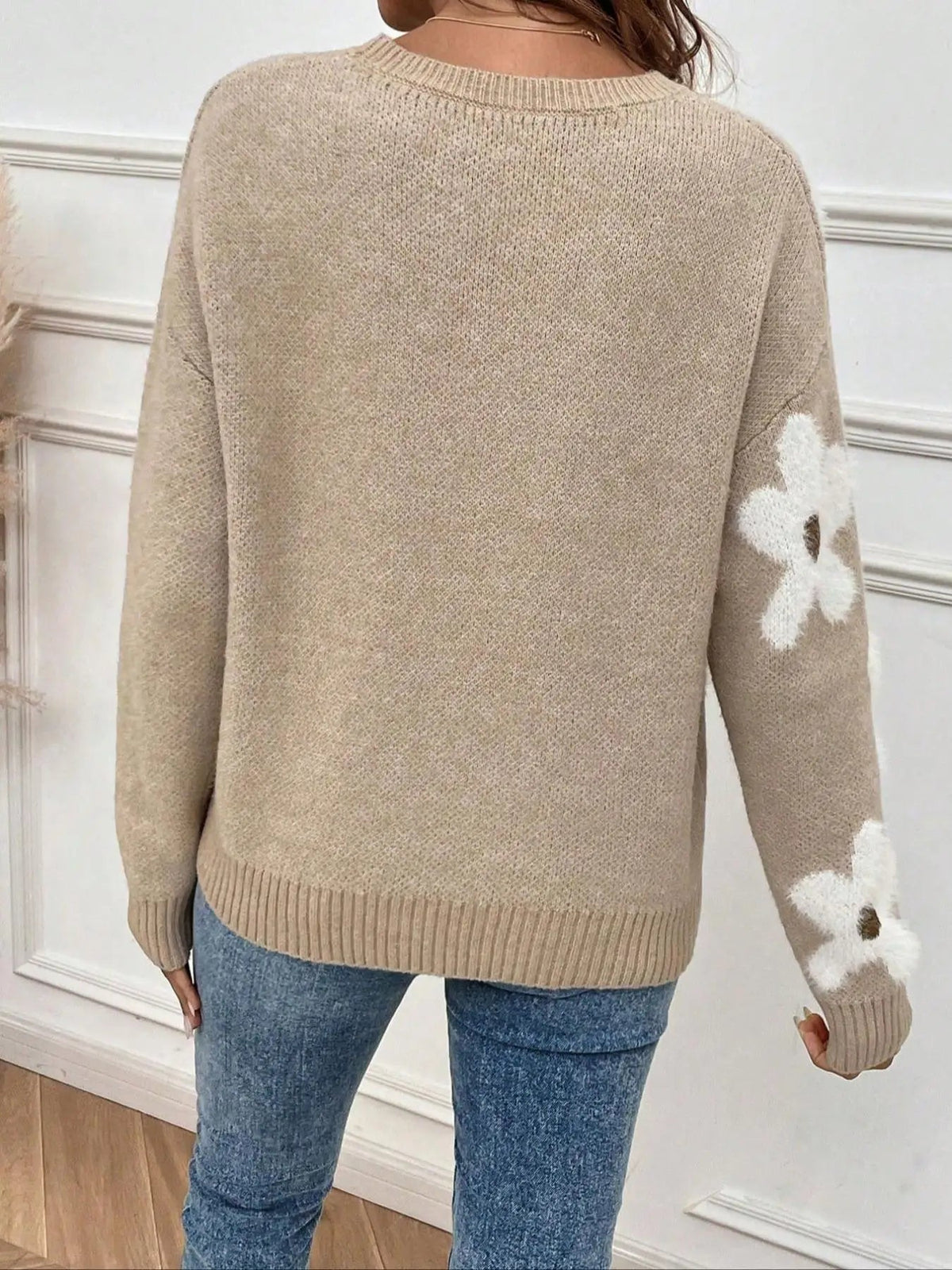 Women's Camel Floral Knit Jumper – Round Neck Winter Sweater