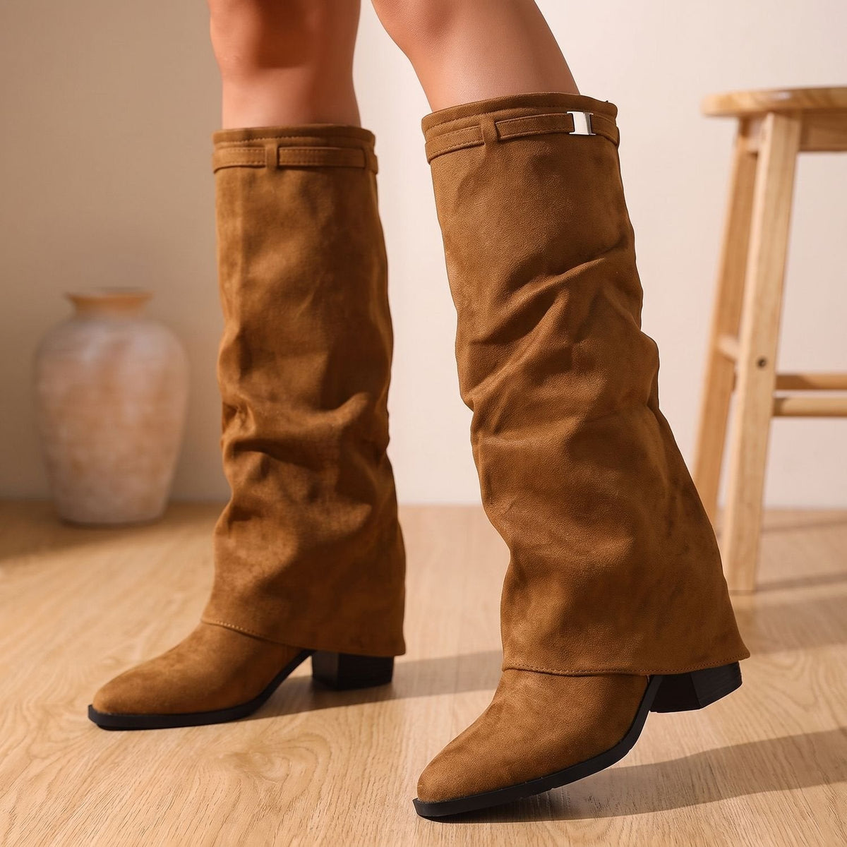 Women's Slouch Knee-High Block Heel Boots – Brown
