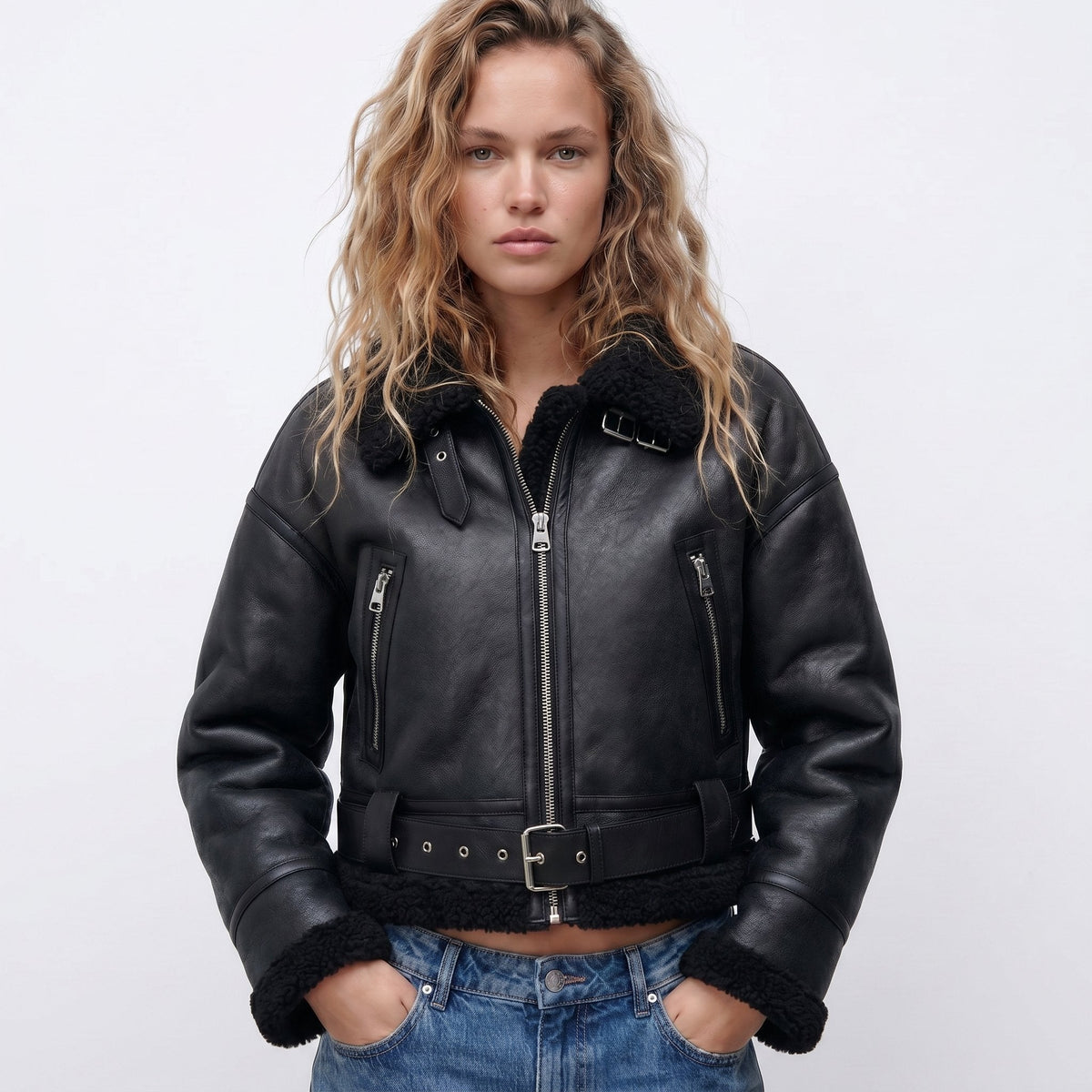 Women's Shearling Trim Cropped Bomber Jacket – Belted Aviator