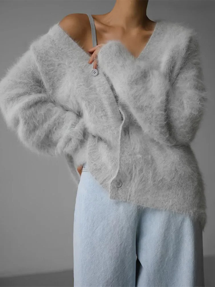 Women's Fluffy Knit Cardigan with Button Front