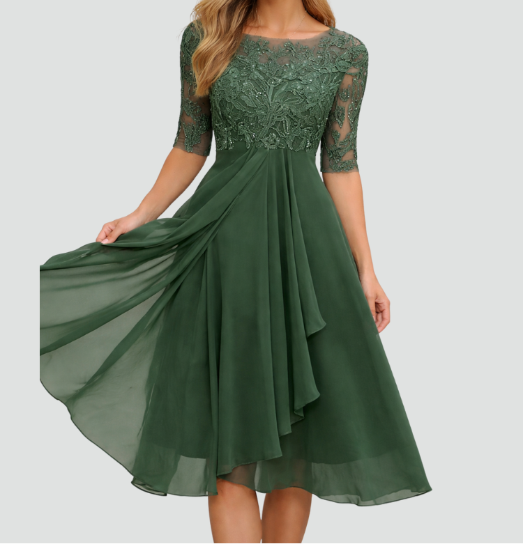 Women's Lace Bodice Midi Dress – Chiffon A-Line Party Dress