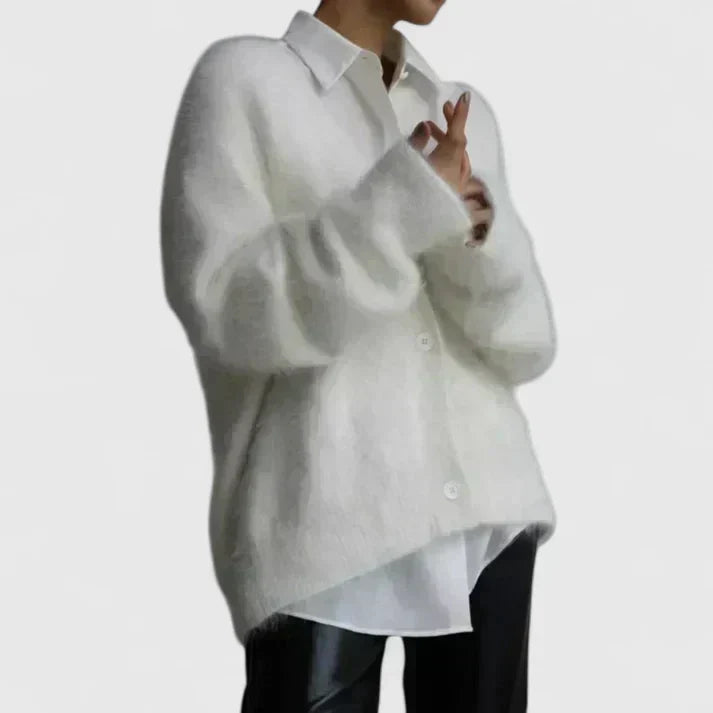Women's Brushed Knit Cardigan – Oversized V-Neck Fuzzy Cardigan