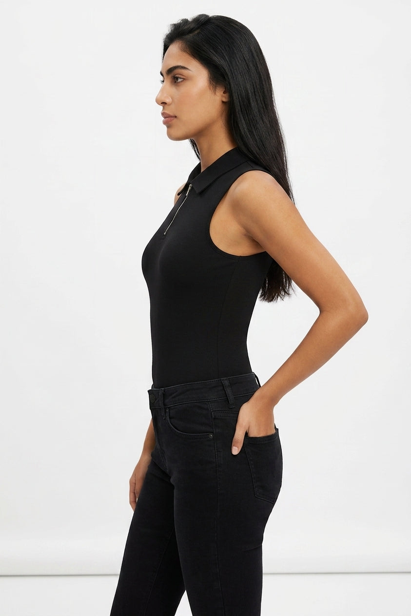 Women's Sleeveless Bodysuit – Collared Zip Up Bodysuit Top