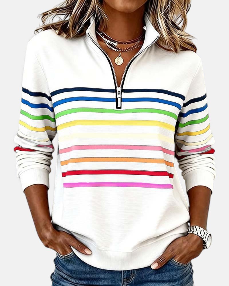 Women's Quarter Zip Jumper – Striped Colour Block Knit