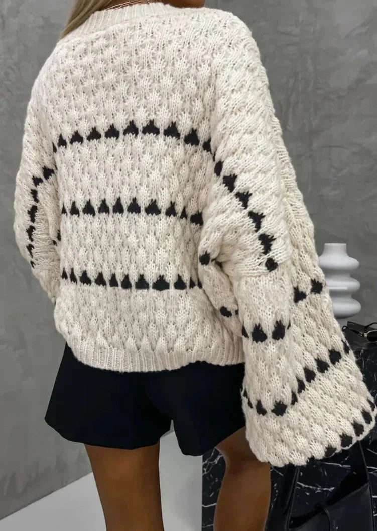 Women's Cream Textured Knit Jumper – Balloon Sleeve Geometric