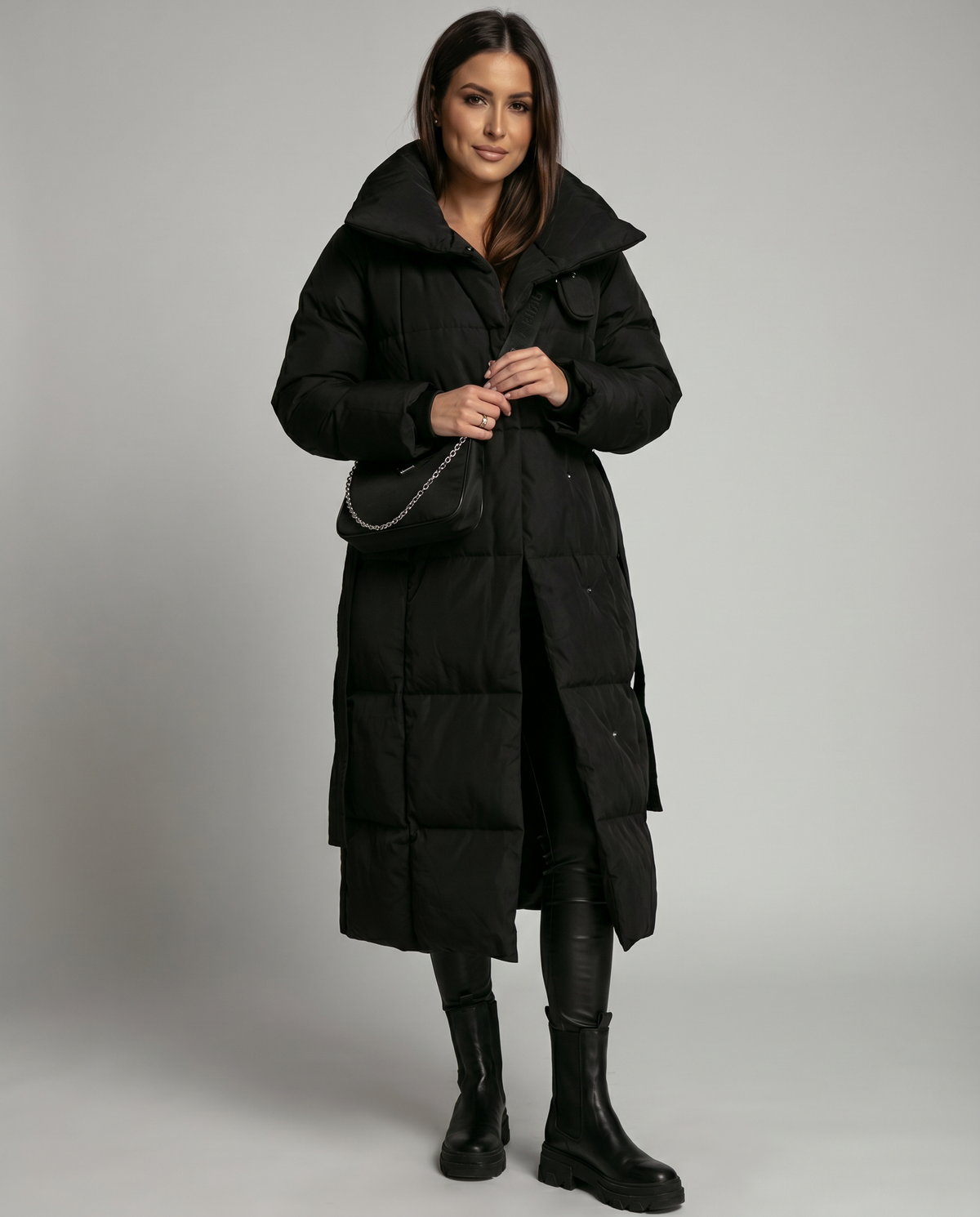Women's Longline Puffer Coat – Oversized Collar Quilted Jacket