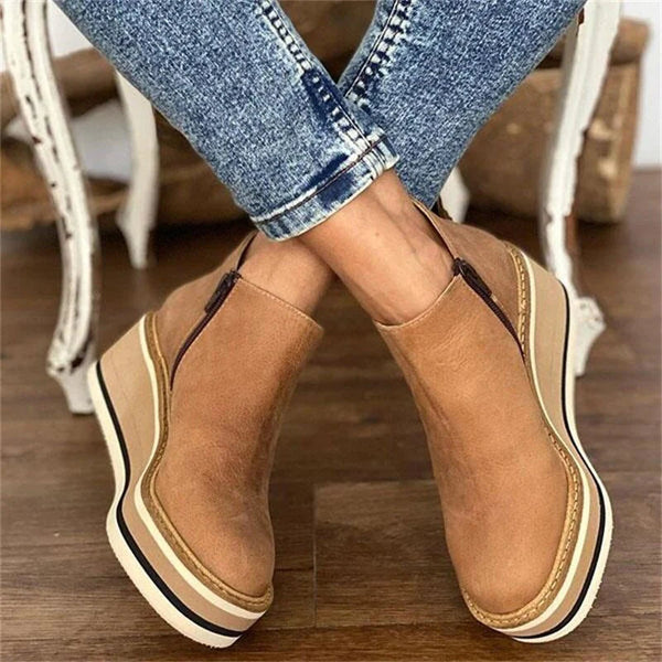Women's Wedge Platform Ankle Boots - Side Zip