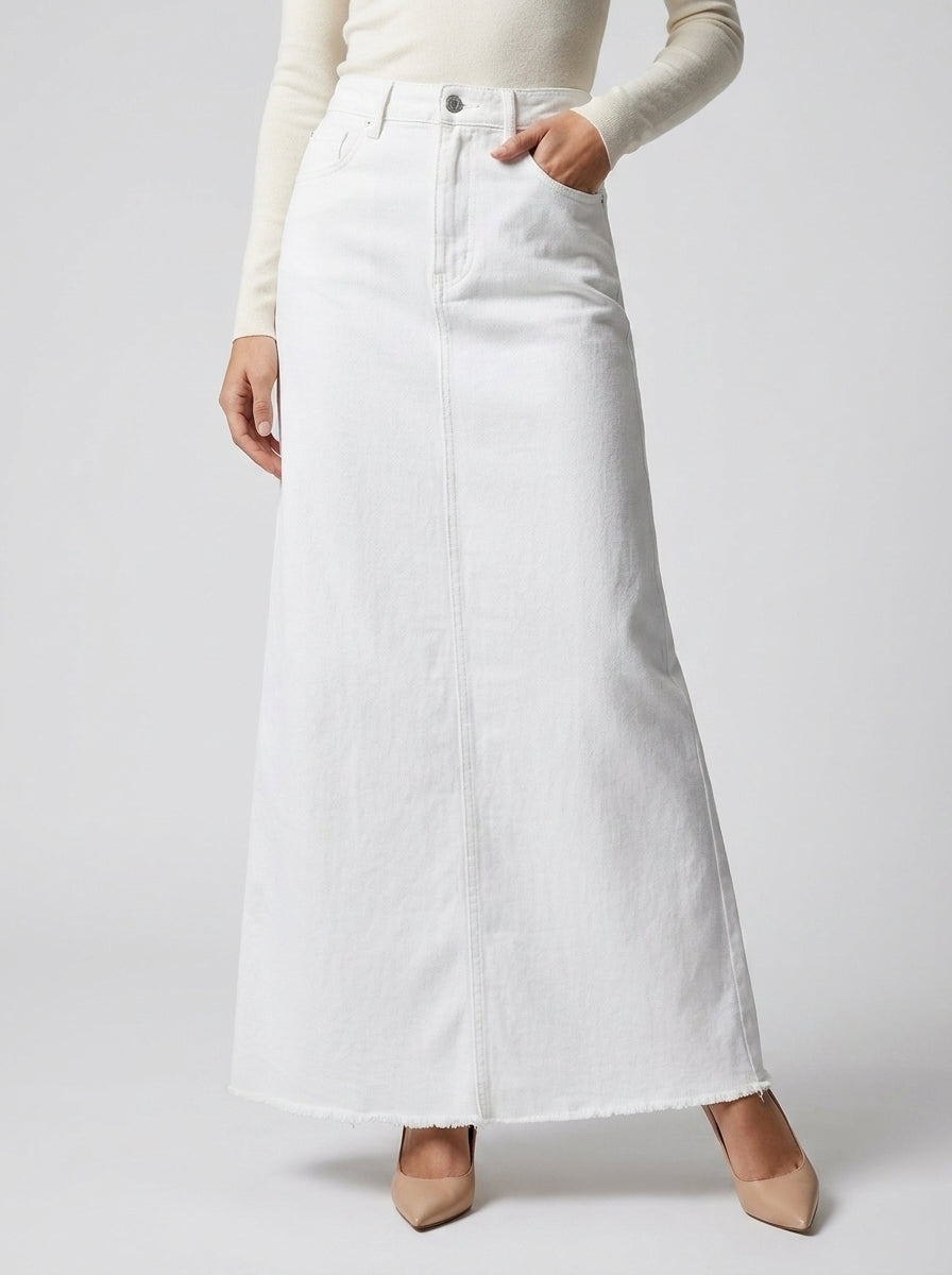 Women's Denim Maxi Skirt – High Waist A-Line Frayed Hem