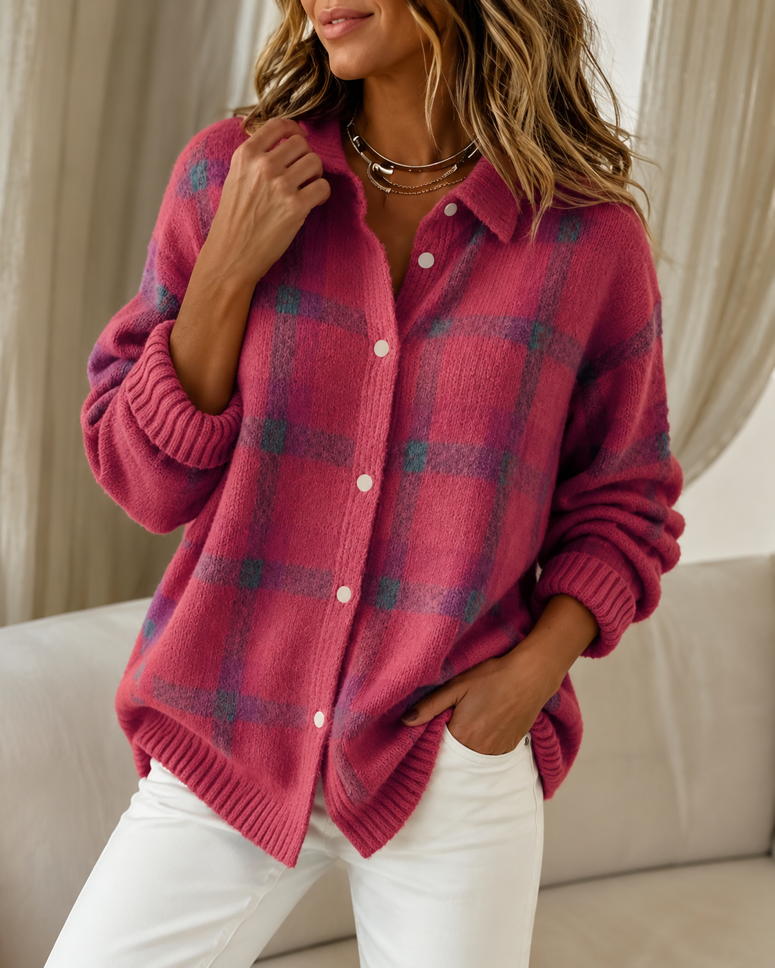 Women's Plaid Knit Cardigan – Button-Up Shacket Top
