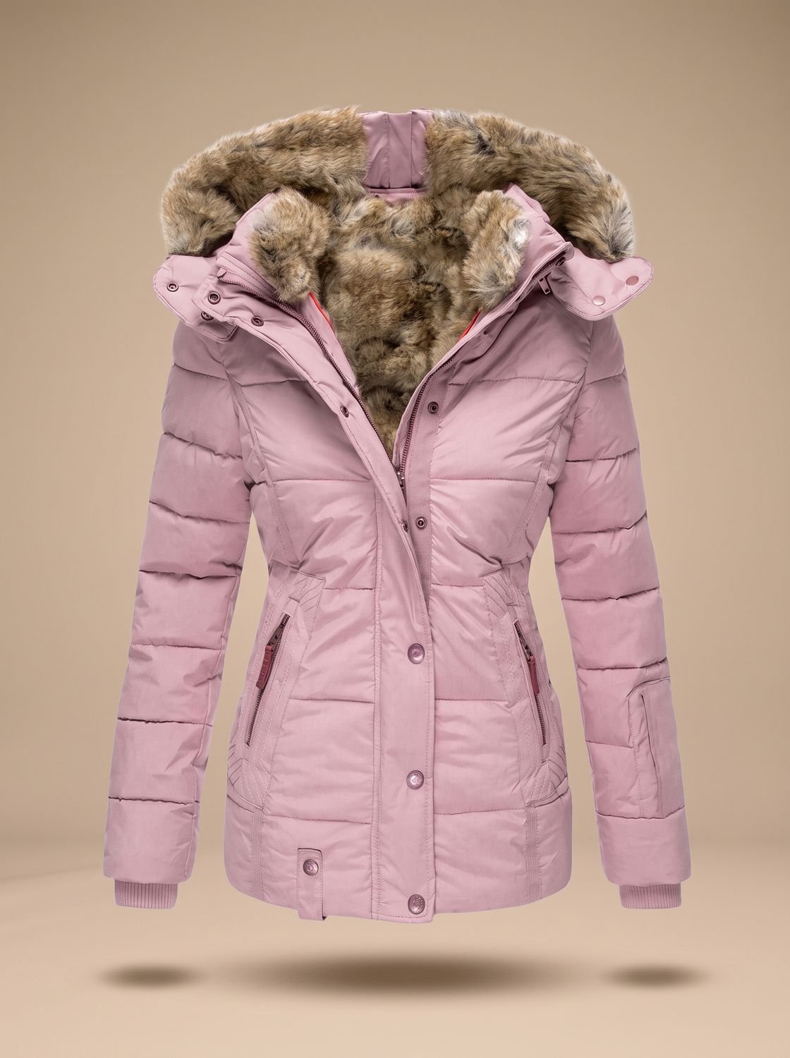 Women's Faux Fur Hood Quilted Puffer Coat – Pink