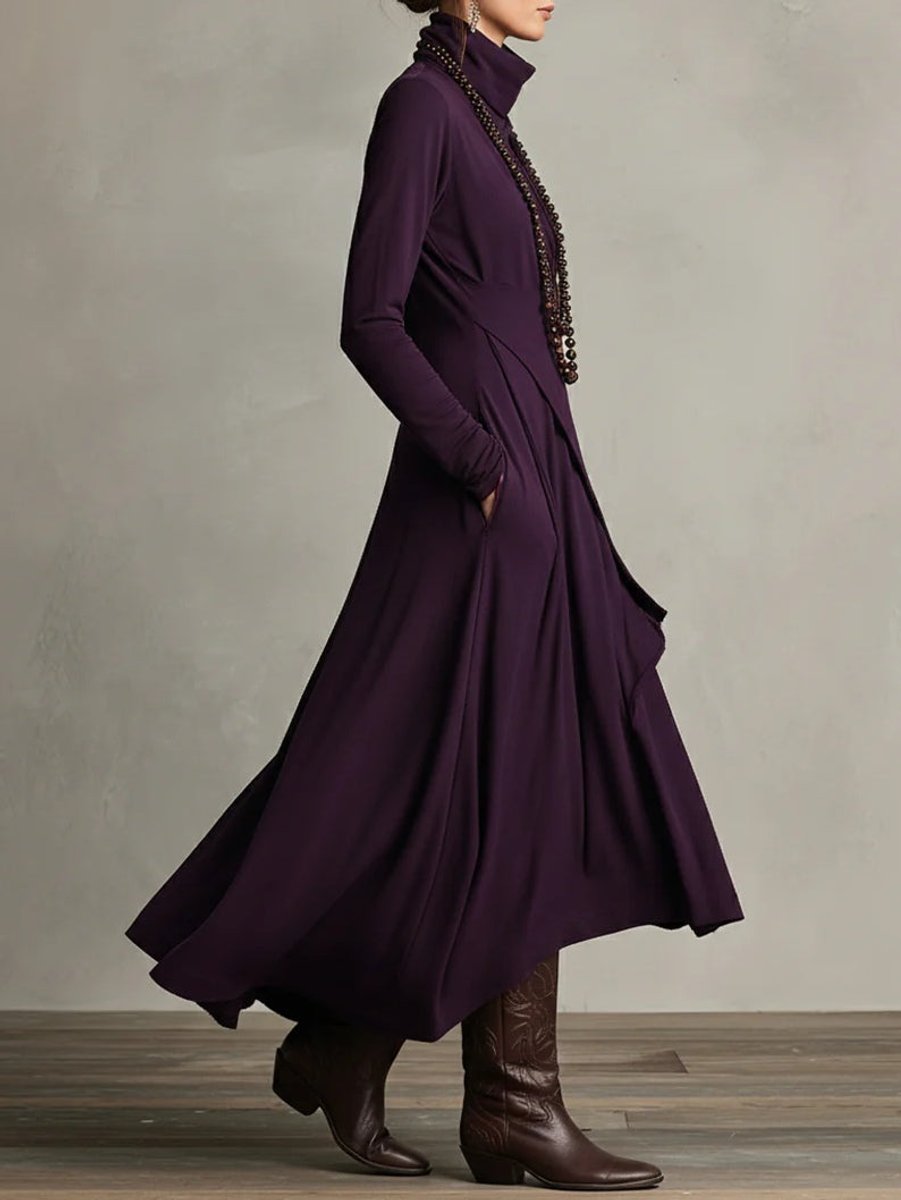 Women's Turtleneck Maxi Dress – Draped Asymmetric Hem