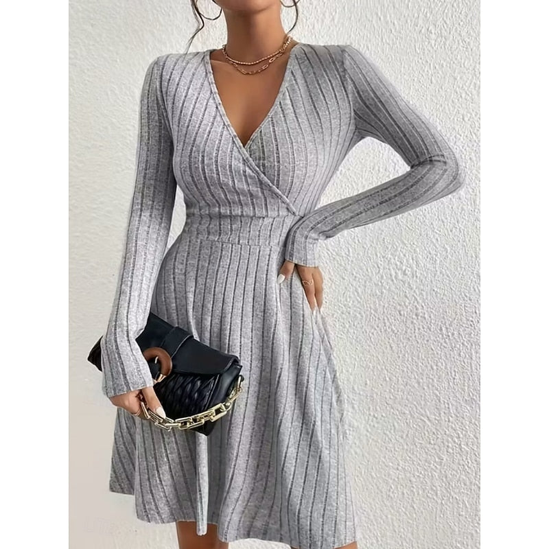 Women's Ribbed Wrap Neck A-Line Dress – Knee-Length Knit Dress