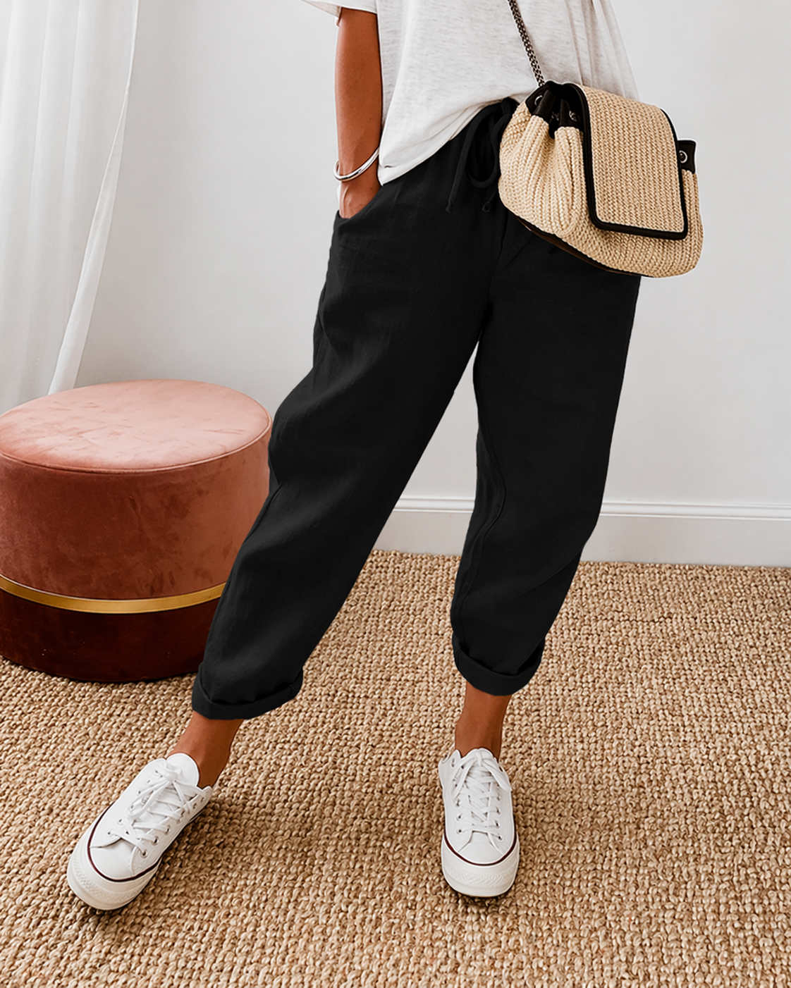 Women's Linen Jogger Trousers – Drawstring Tapered Fit