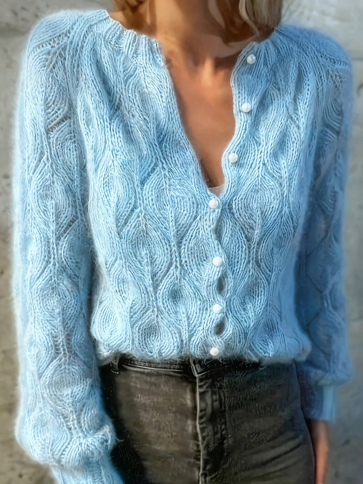 Women's Faux Mink Knit Cardigan – Pearl Button V-Front