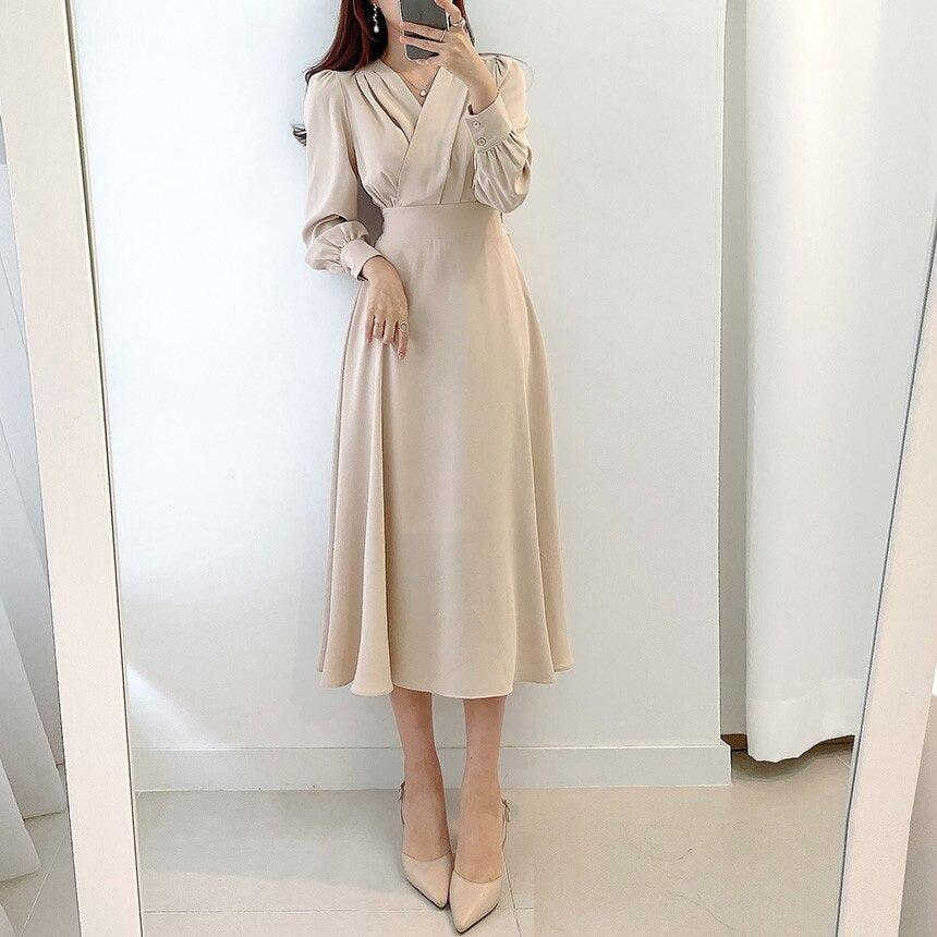 Women's V-Neck Puff Sleeve A-Line Midi Dress