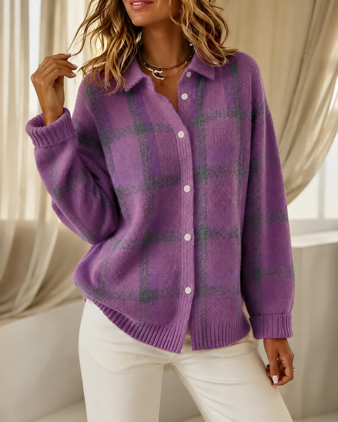 Women's Plaid Knit Cardigan – Button-Up Shacket Top