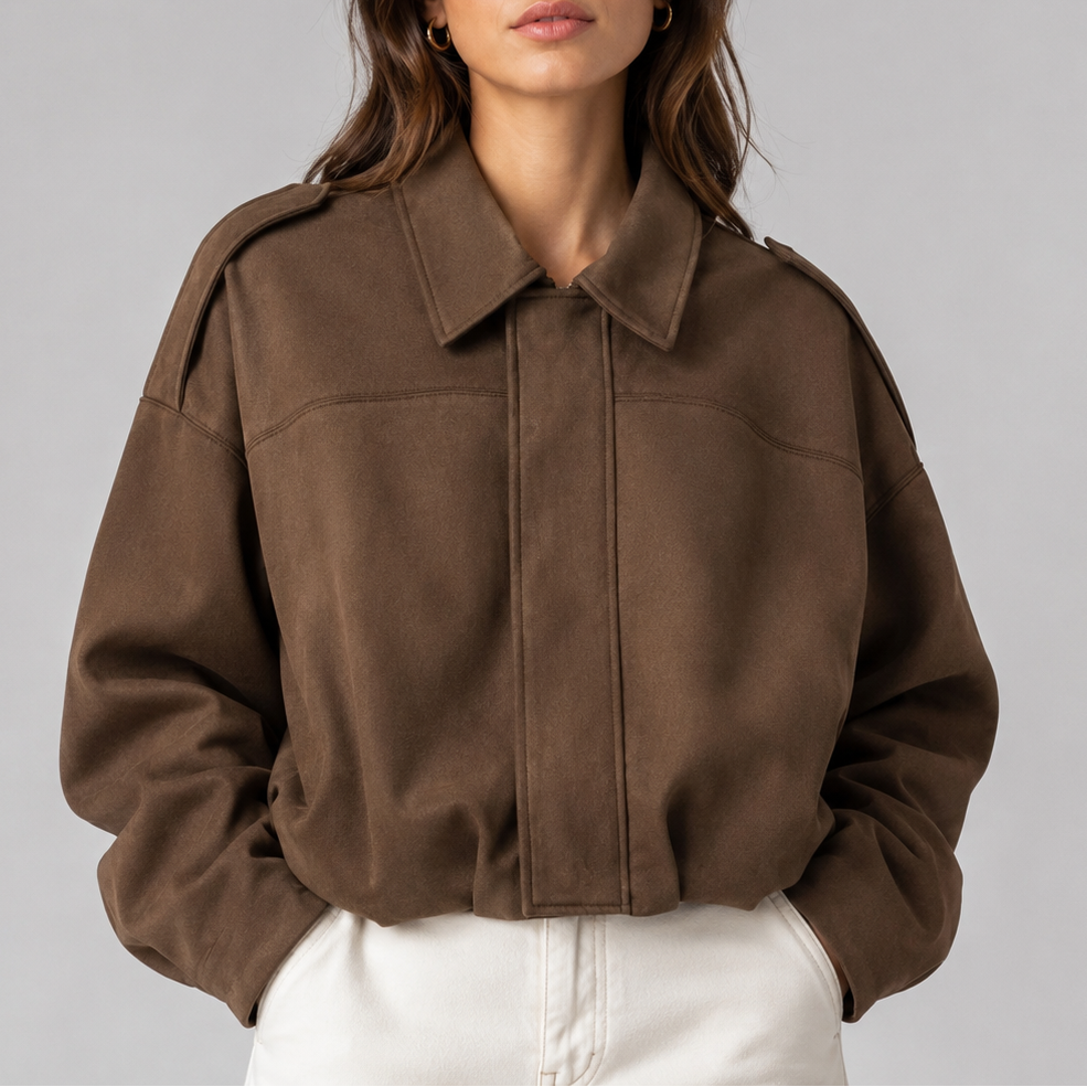 Women's Faux Suede Bomber Jacket – Collar Cropped Zip Jacket