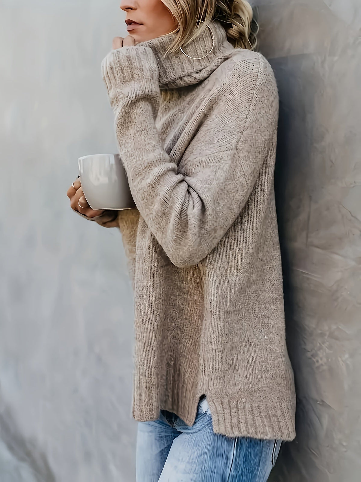 Women's Cowl Turtleneck Jumper – Split Hem Knit Sweater