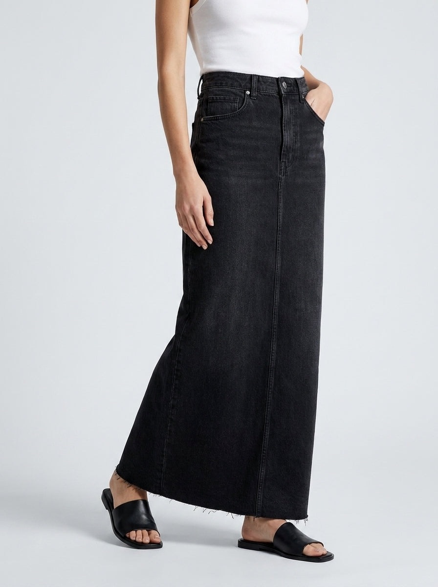 Women's Denim Maxi Skirt – High Waist A-Line Frayed Hem